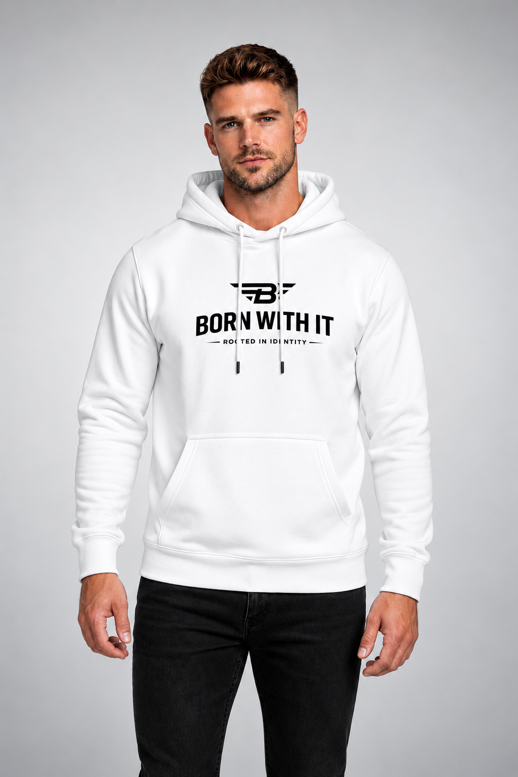 WHITE FLEECE HOODIE BORN WITH IT™ DESIGN