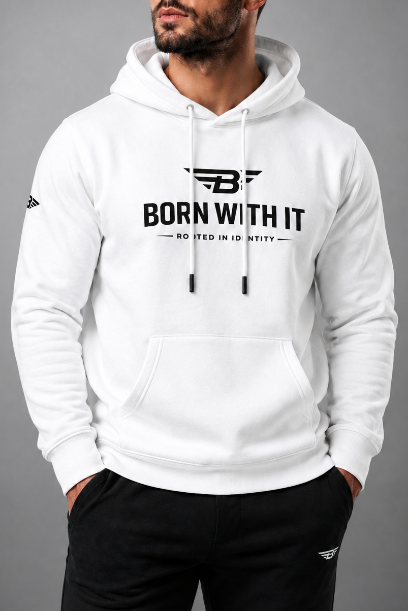 WHITE FLEECE HOODIE BORN WITH IT™ DESIGN